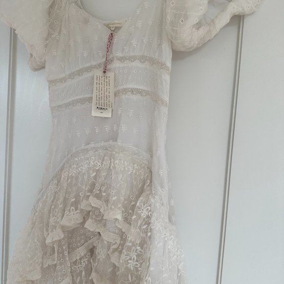 LoveShackFancy Cayden Silk High-Low Dress White Lace Eyelet Off Shoulder Gown - Picture 9 of 15